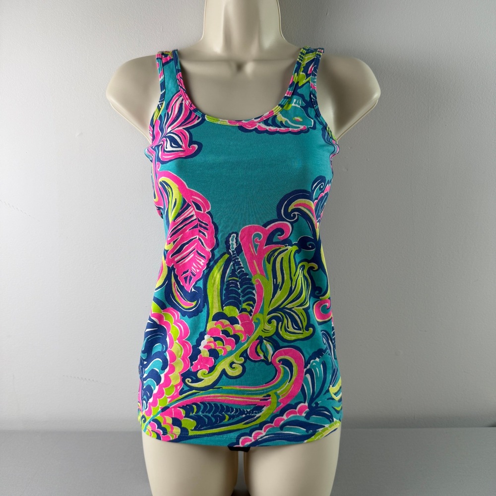 Lilly Pulitzer Tank Top Womens XS Turquoise Pink Paisley Floral beach Vacation